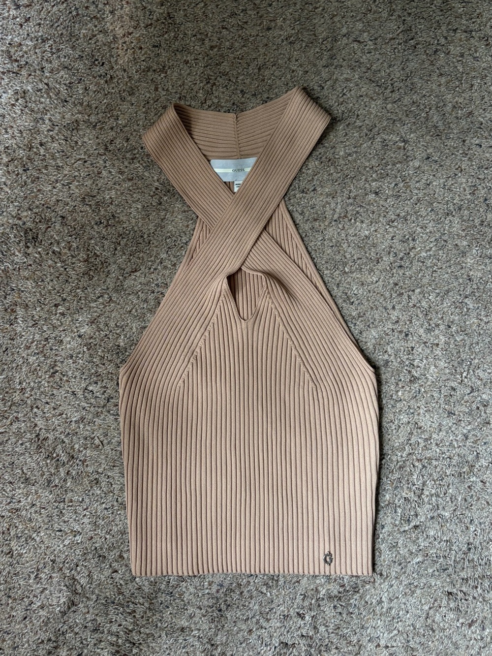 GUESS Claire Cross-Front Halter Sweater Top 🤎